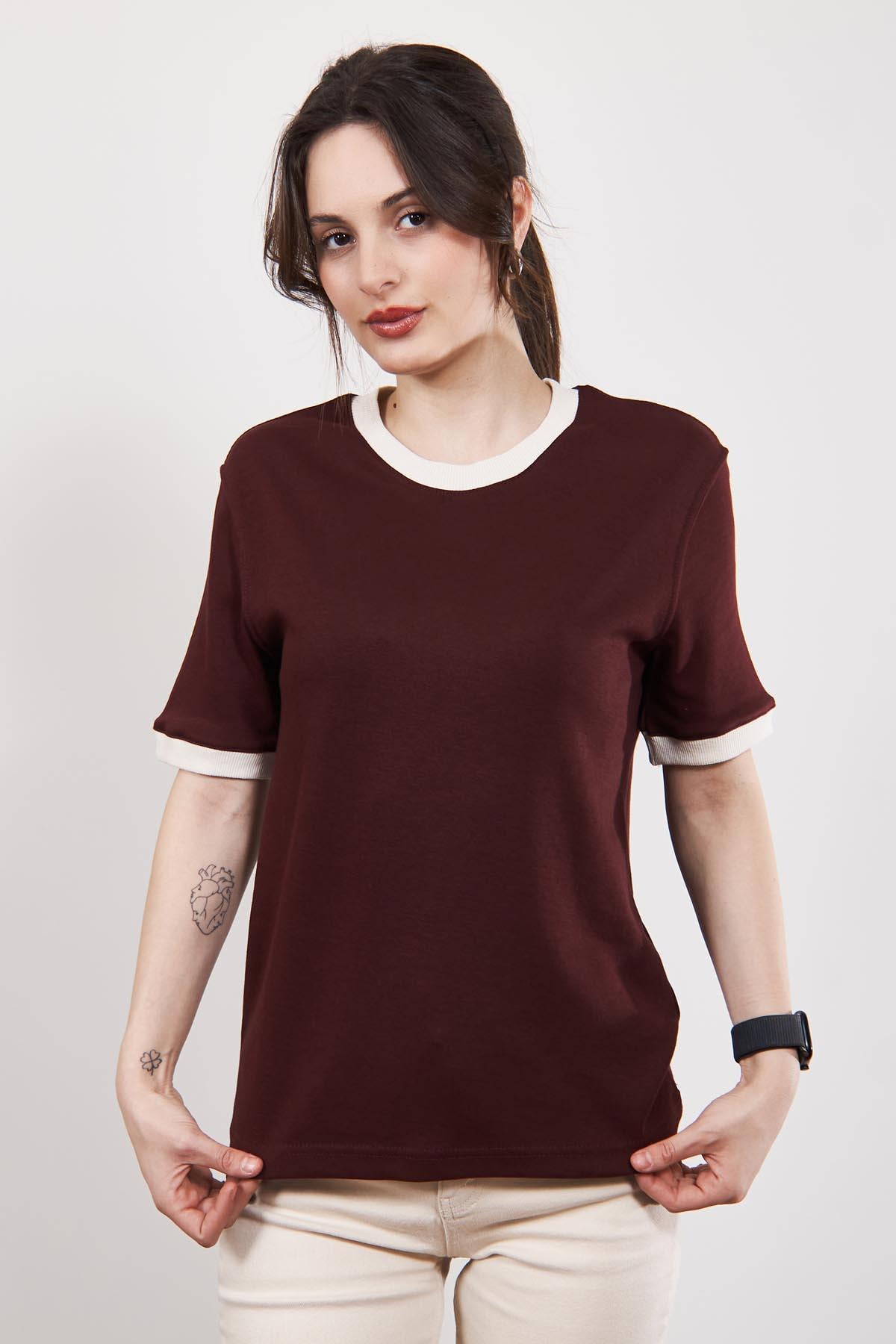 Bordo Massi Kontrast Yaka ve Manşetli T Shirt