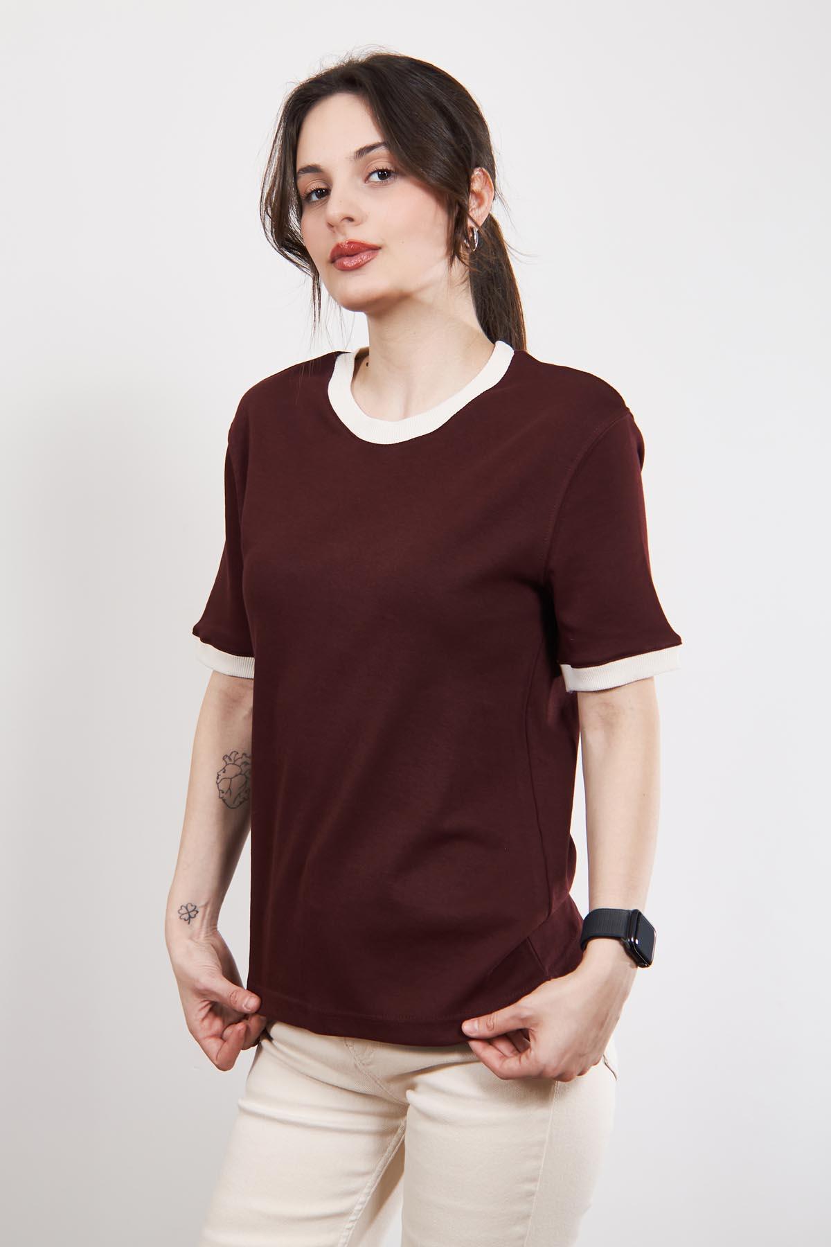 Bordo Massi Kontrast Yaka ve Manşetli T Shirt