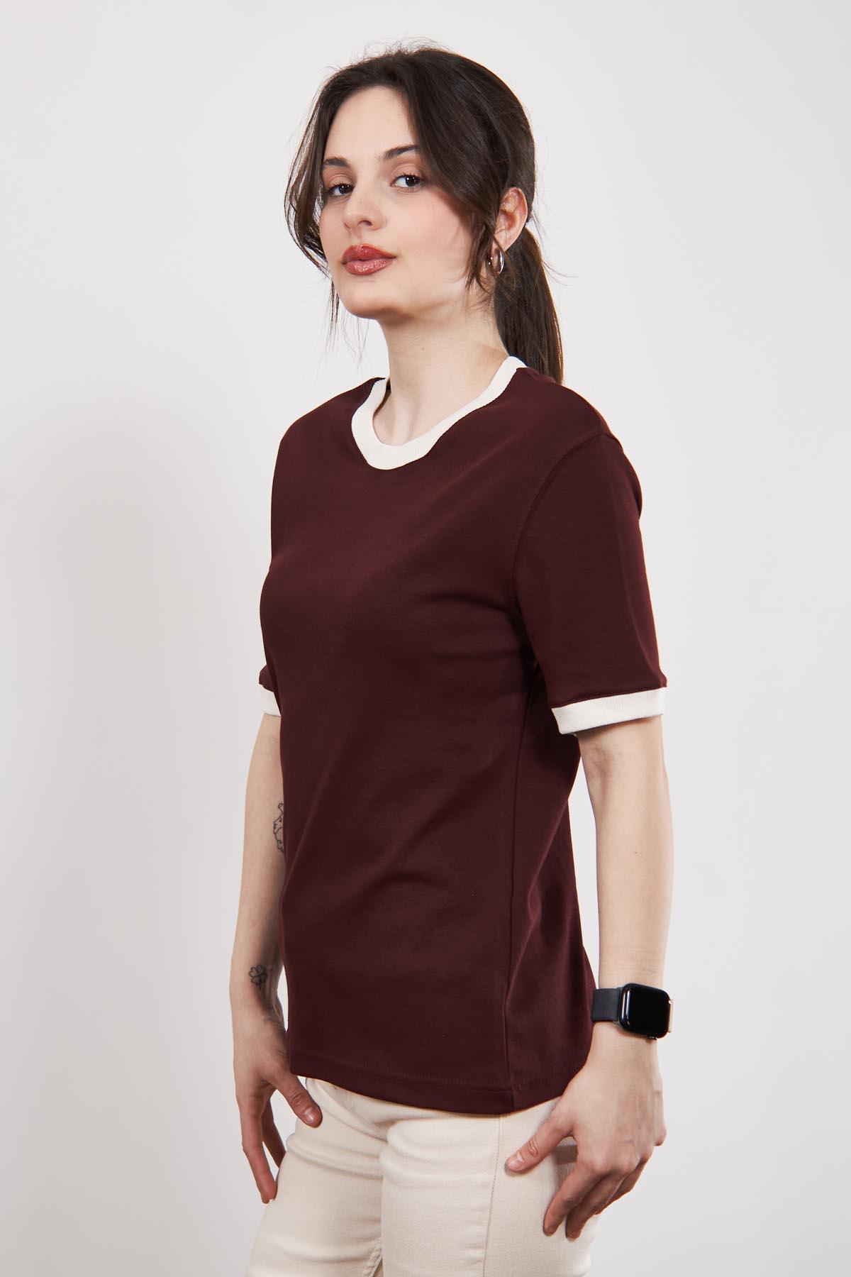 Bordo Massi Kontrast Yaka ve Manşetli T Shirt