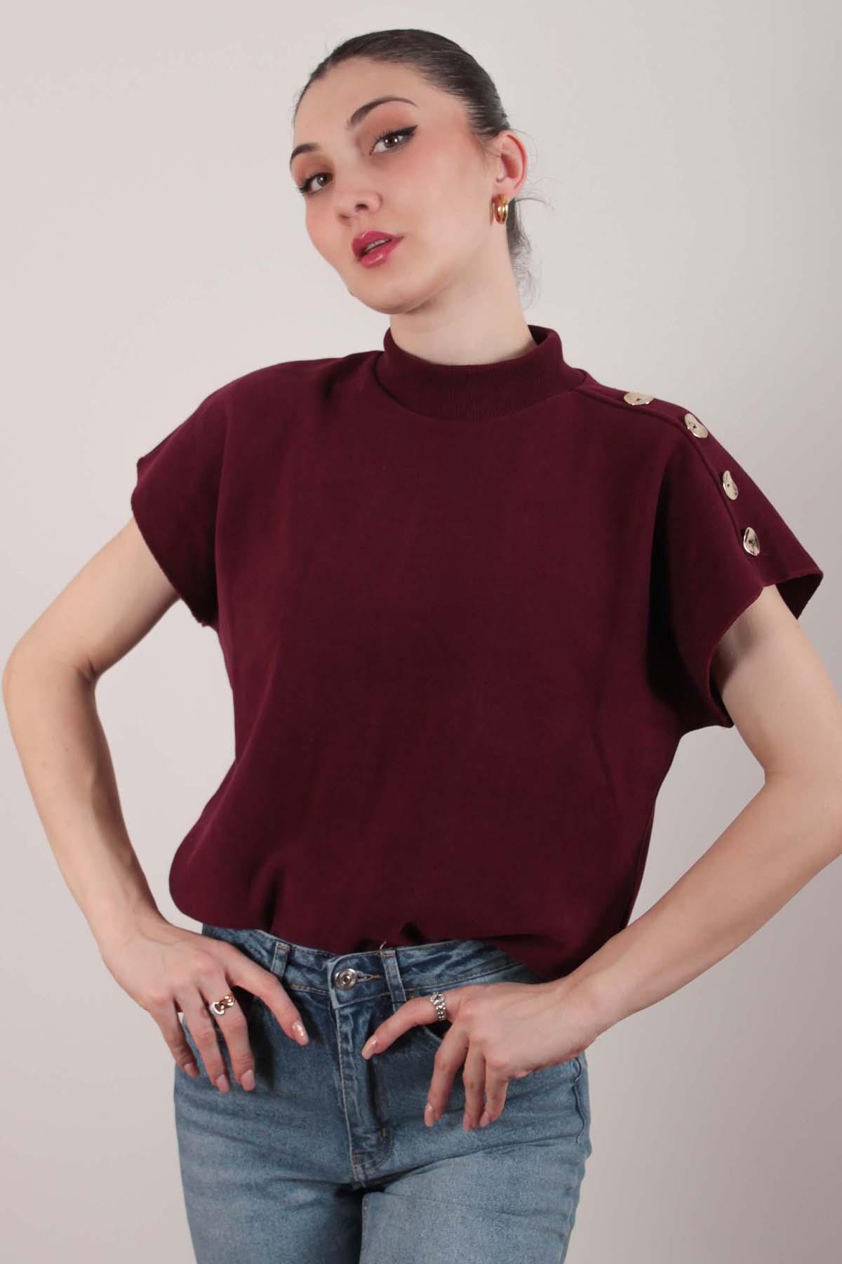 Bordo Omuzu Düğmeli Selanik Kumaş Bluz