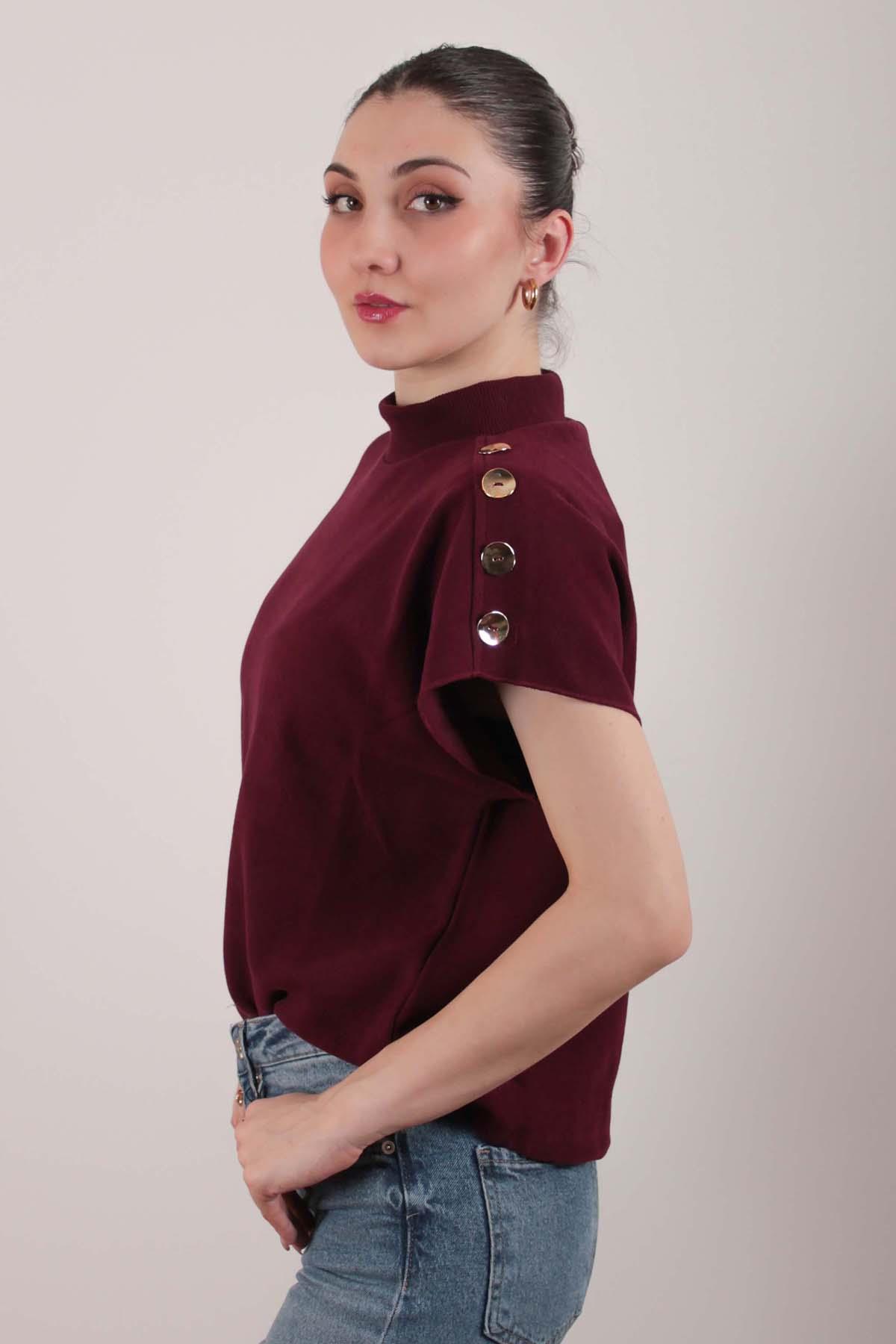 Bordo Omuzu Düğmeli Selanik Kumaş Bluz