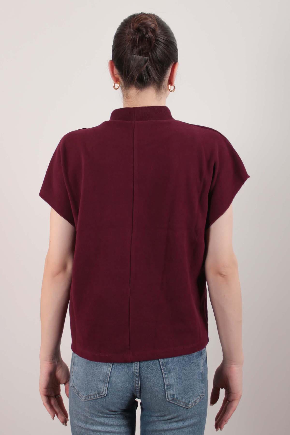 Bordo Omuzu Düğmeli Selanik Kumaş Bluz