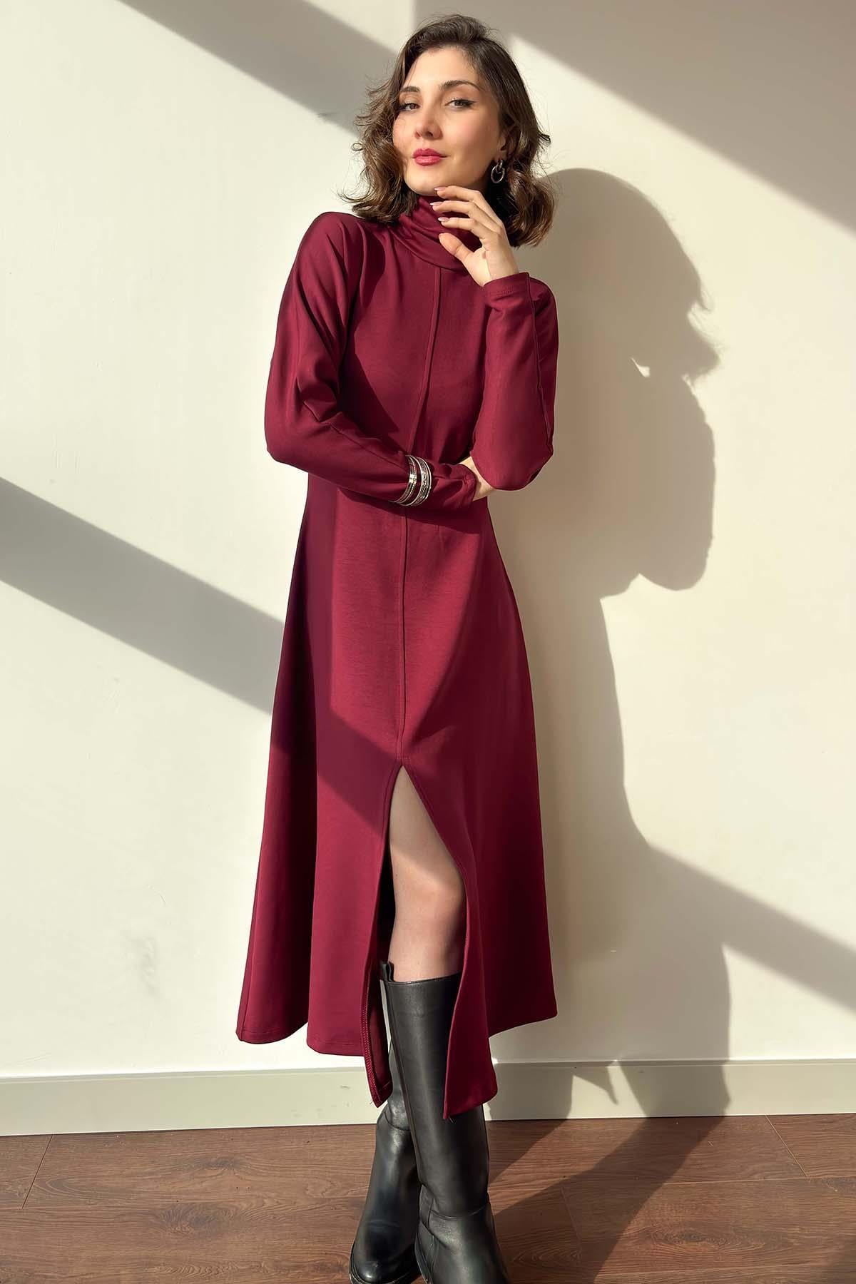 Bordo Ön Yırtmaçlı Yarasa Kol Balıkçı Yaka Elbise