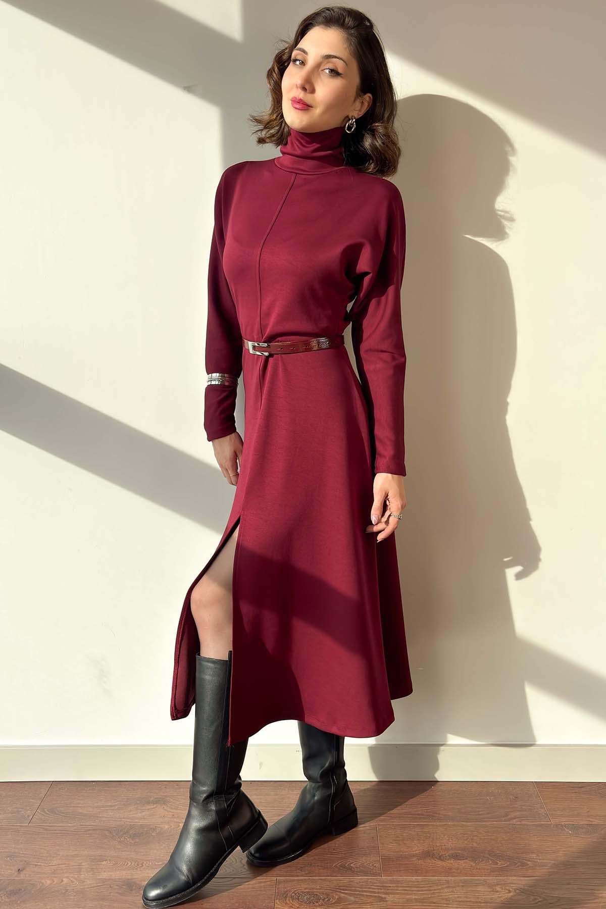 Bordo Ön Yırtmaçlı Yarasa Kol Balıkçı Yaka Elbise