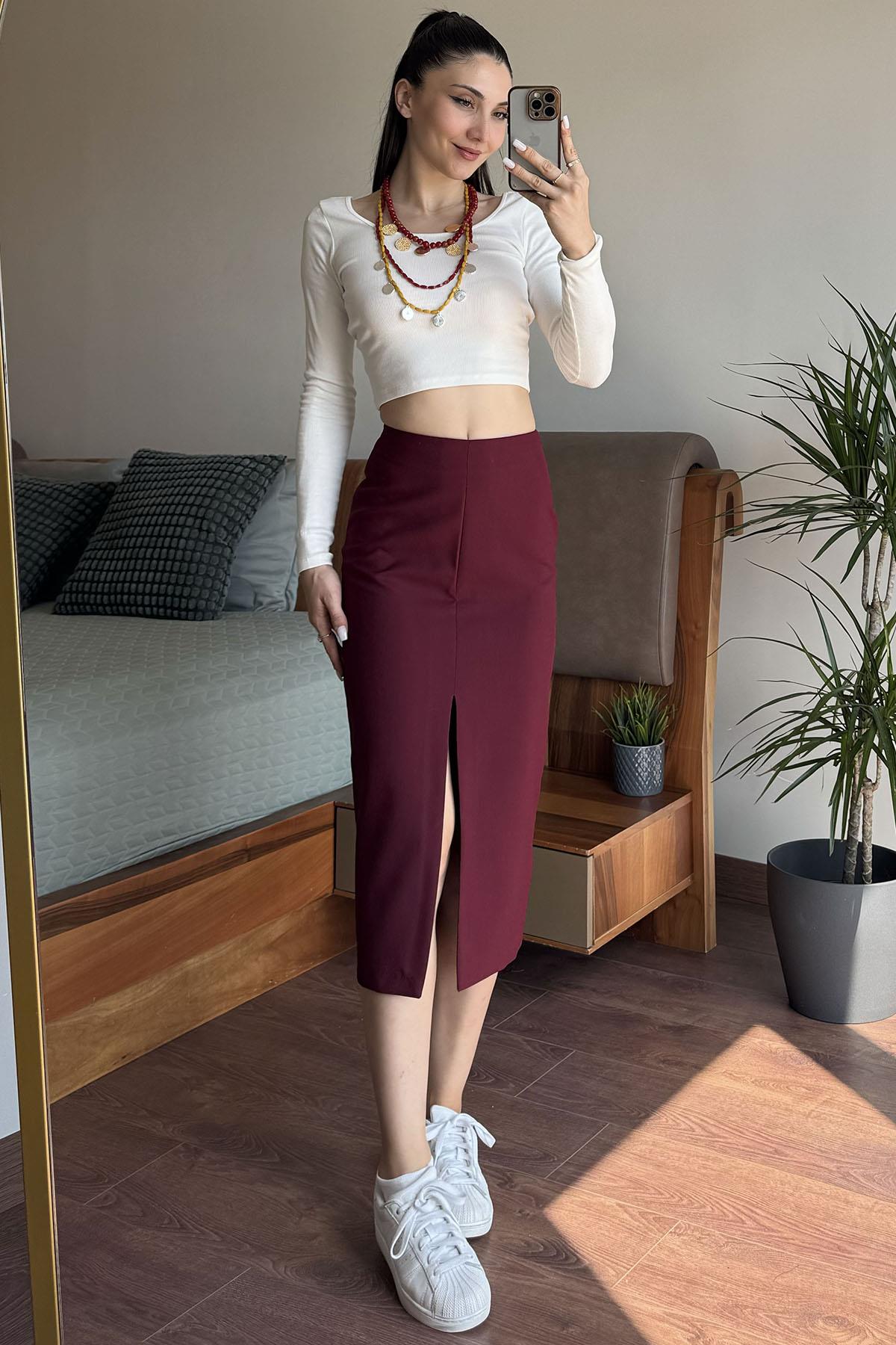 Bordo Önü Yırtmaçlı Etek