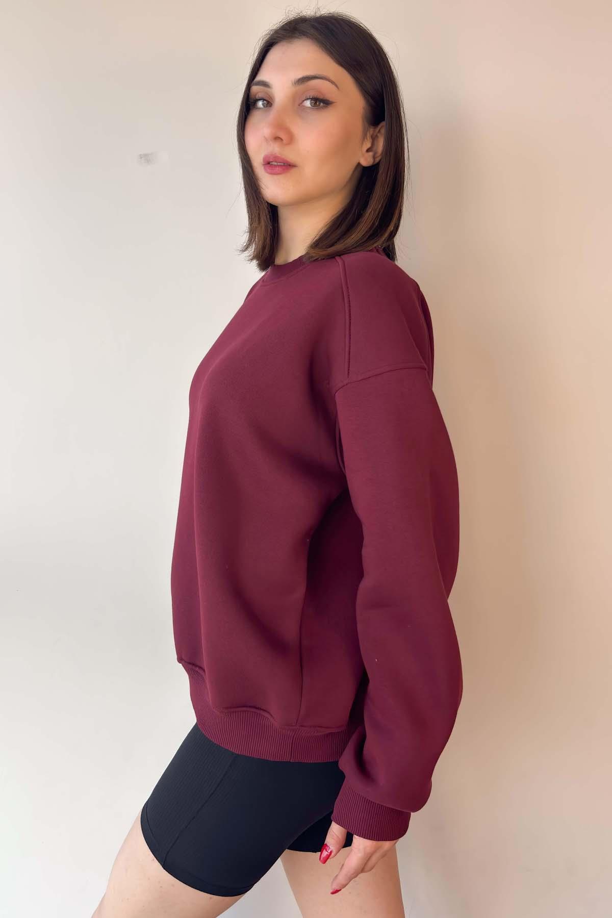 Bordo Oversize Bisiklet Yaka İçi Şardonlu Üç İplik Sweatshirt
