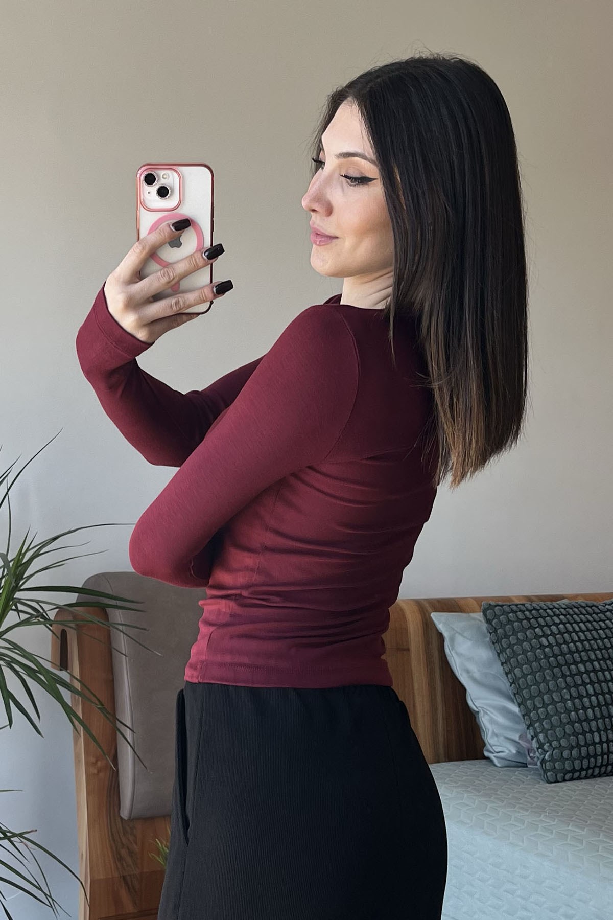Bordo OYSH Soft Touch Kumaş Parmak Geçmeli Body
