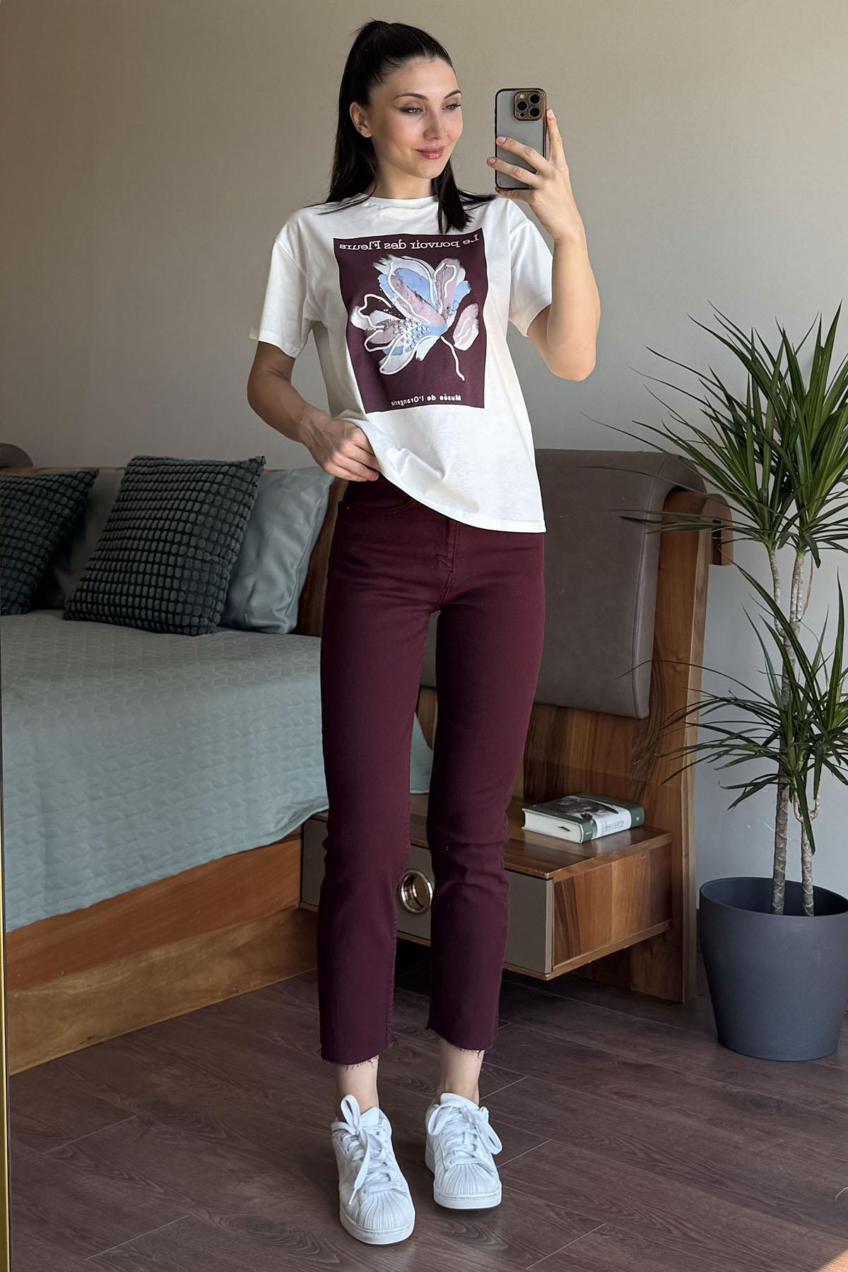 Bordo Paça Kesik Boyfit Jean
