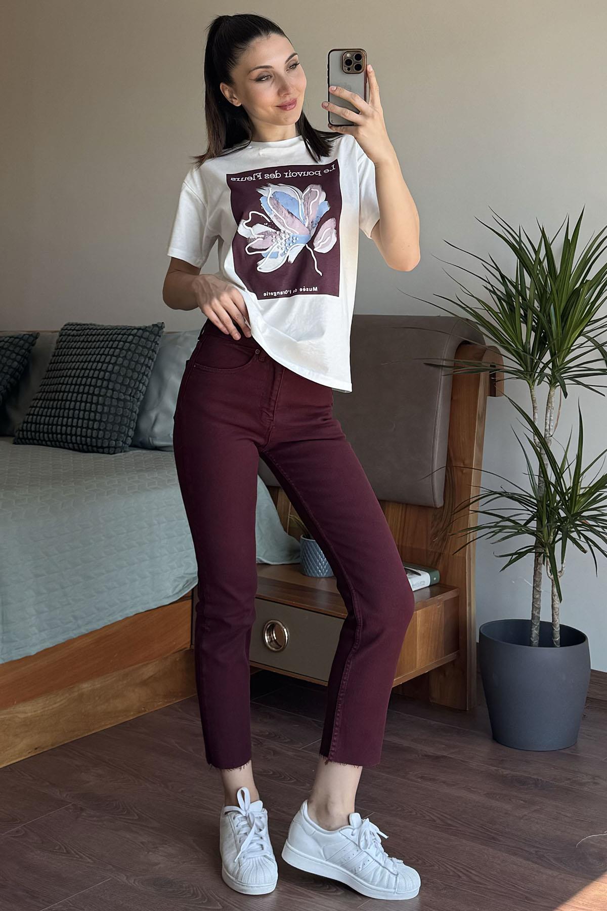 Bordo Paça Kesik Boyfit Jean