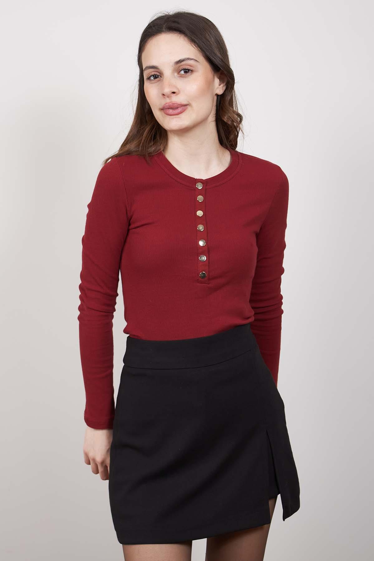 Bordo Patlı Düğmeli Uzunkollu Bluz