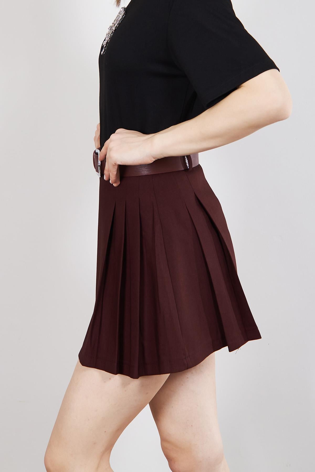 Bordo Pile Detaylı Etek