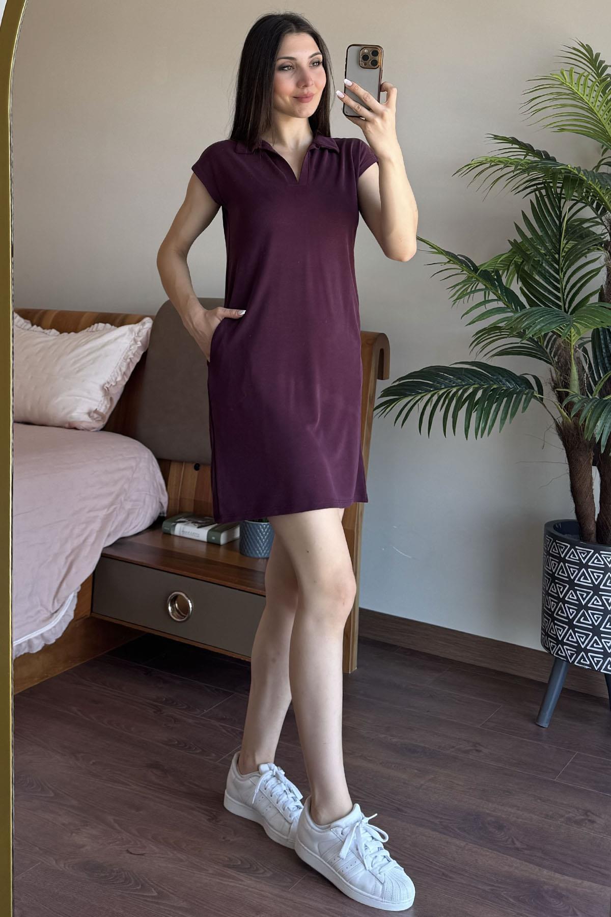 Bordo Polo Yaka Pike Modal Elbise
