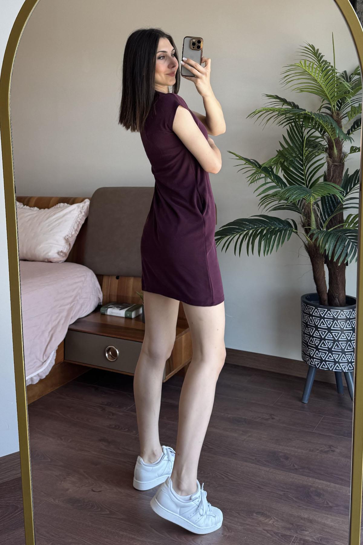 Bordo Polo Yaka Pike Modal Elbise