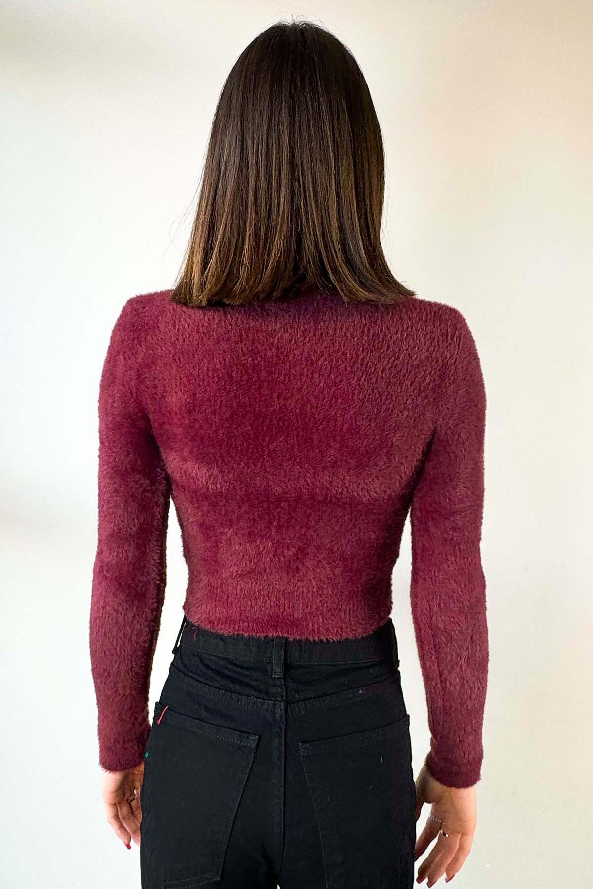 Bordo Polo Yaka Yumoş Crop Kazak