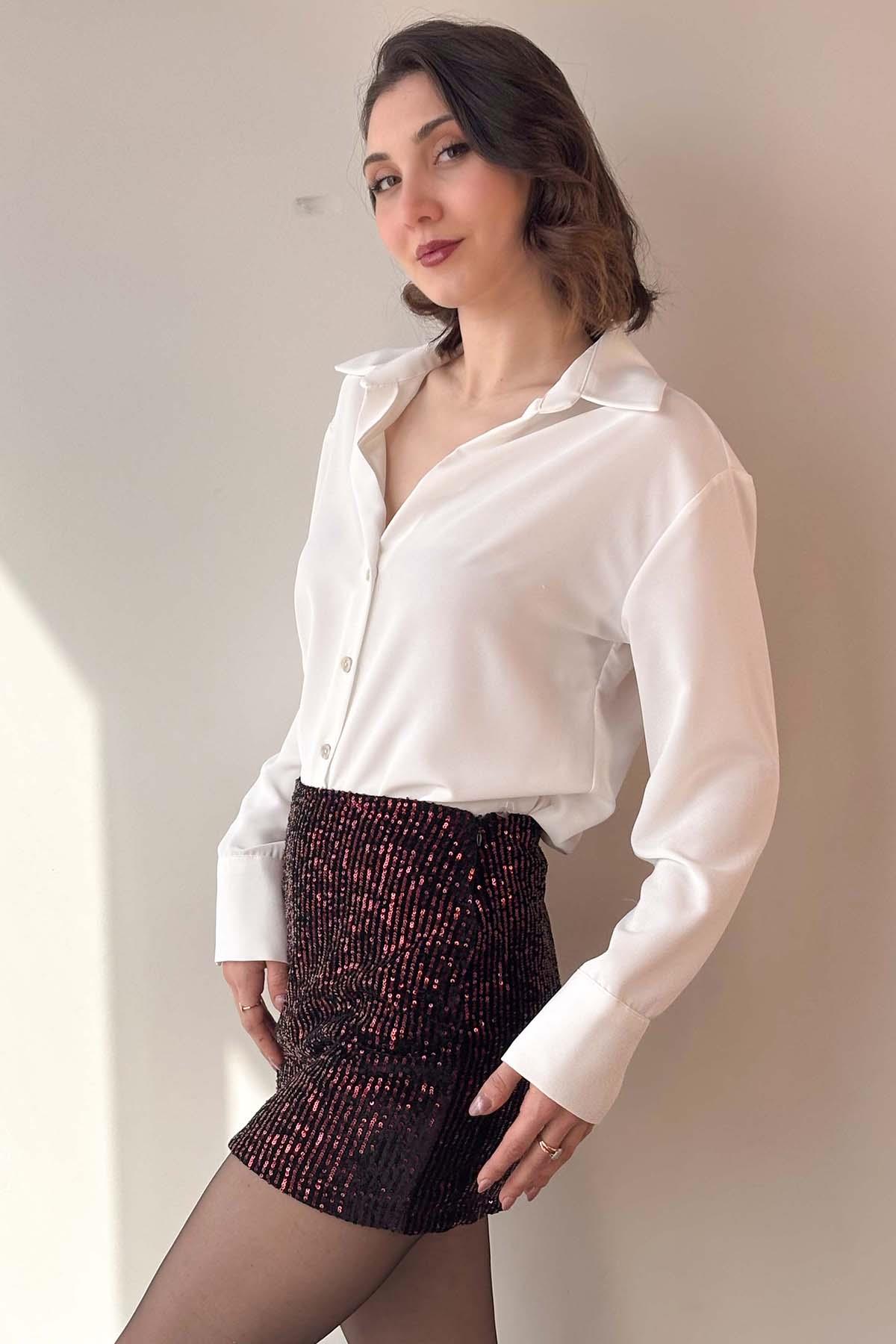 Bordo Pullu Etek