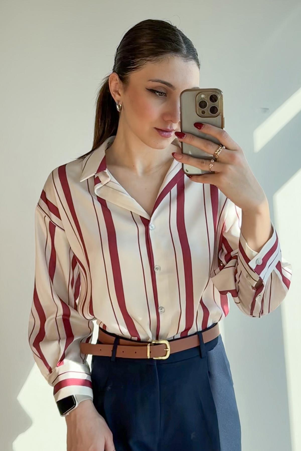 Bordo Sedef Düğmeli Oversize Çizgili Gömlek