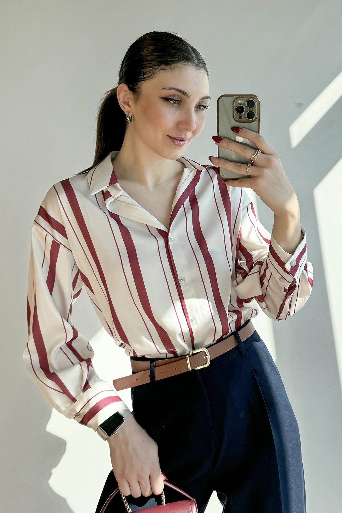 Bordo Sedef Düğmeli Oversize Çizgili Gömlek