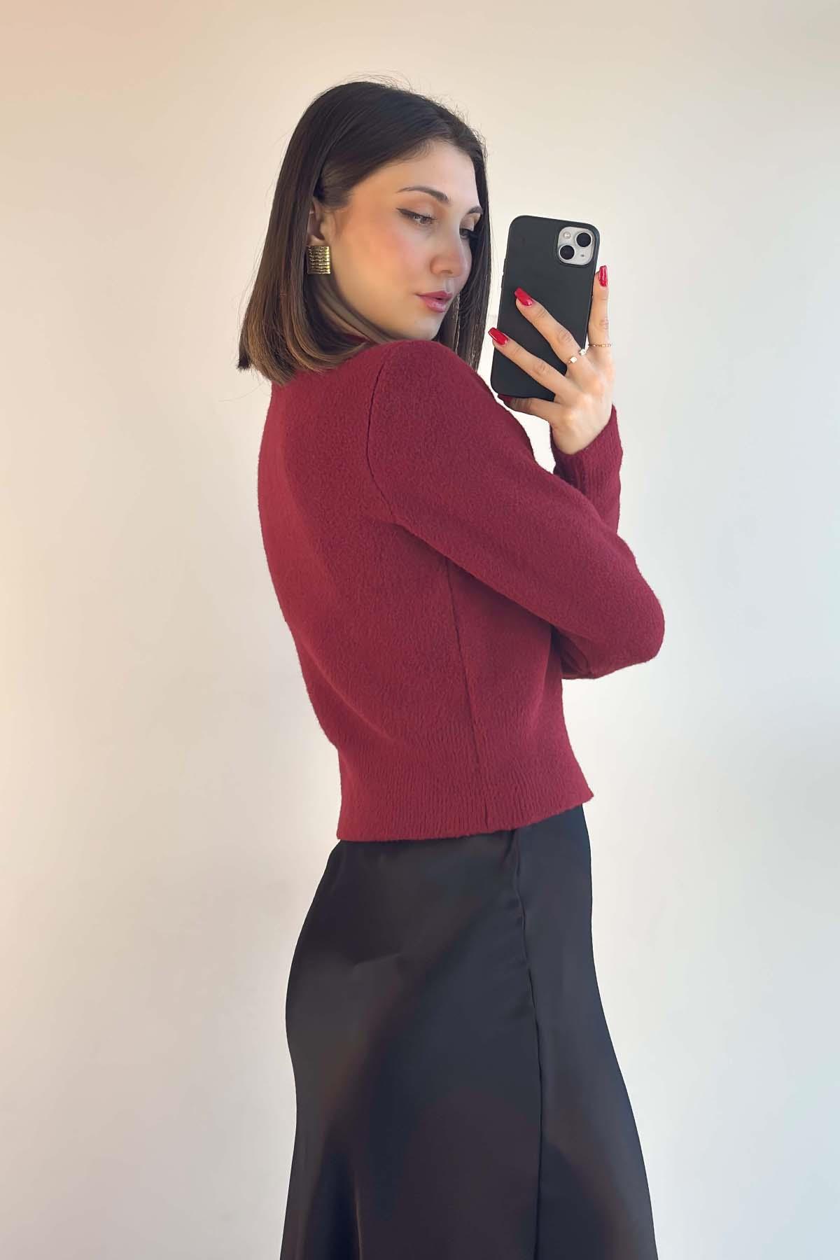 Bordo Taş Düğmeli Soft Hırka