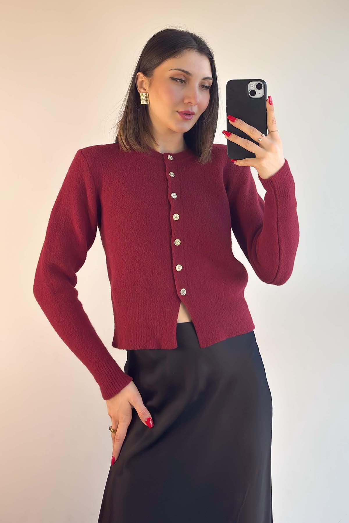 Bordo Taş Düğmeli Soft Hırka