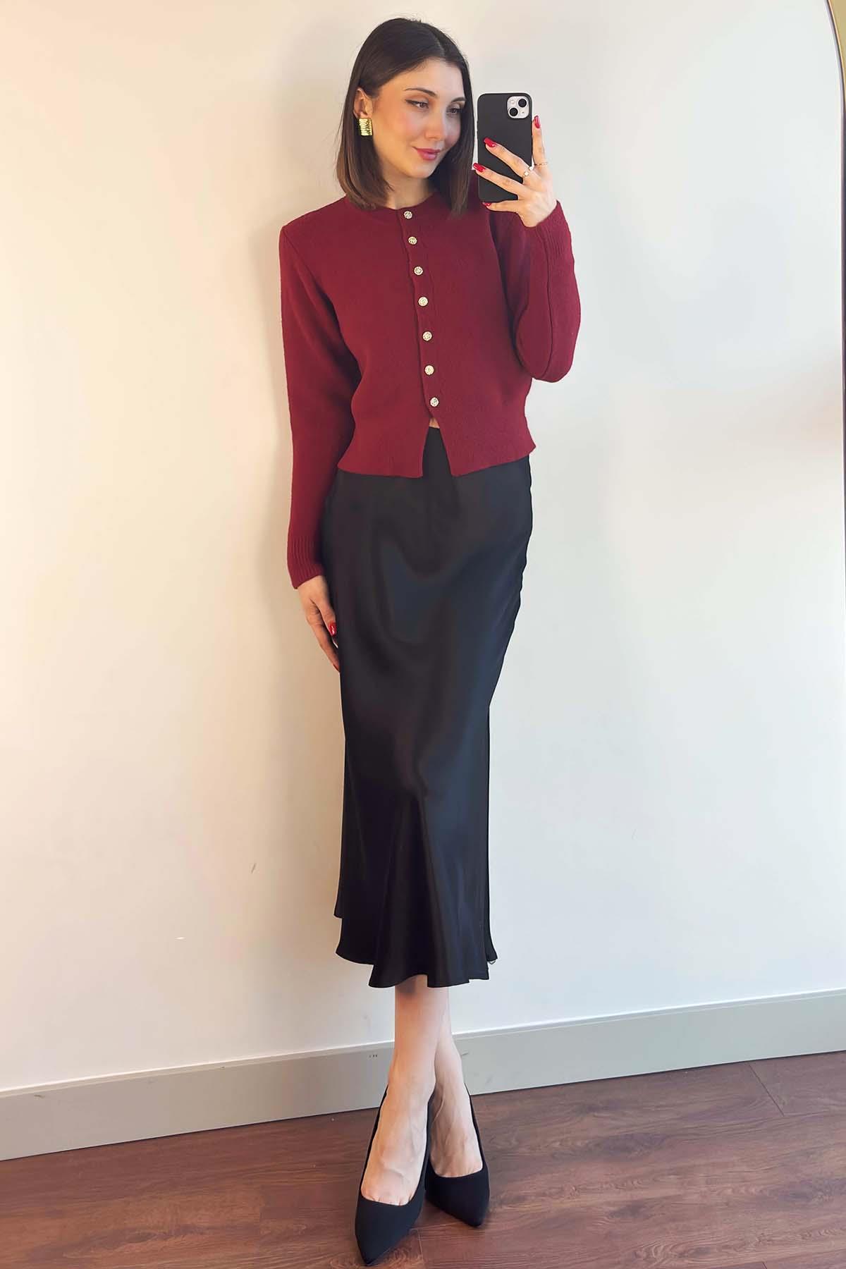 Bordo Taş Düğmeli Soft Hırka