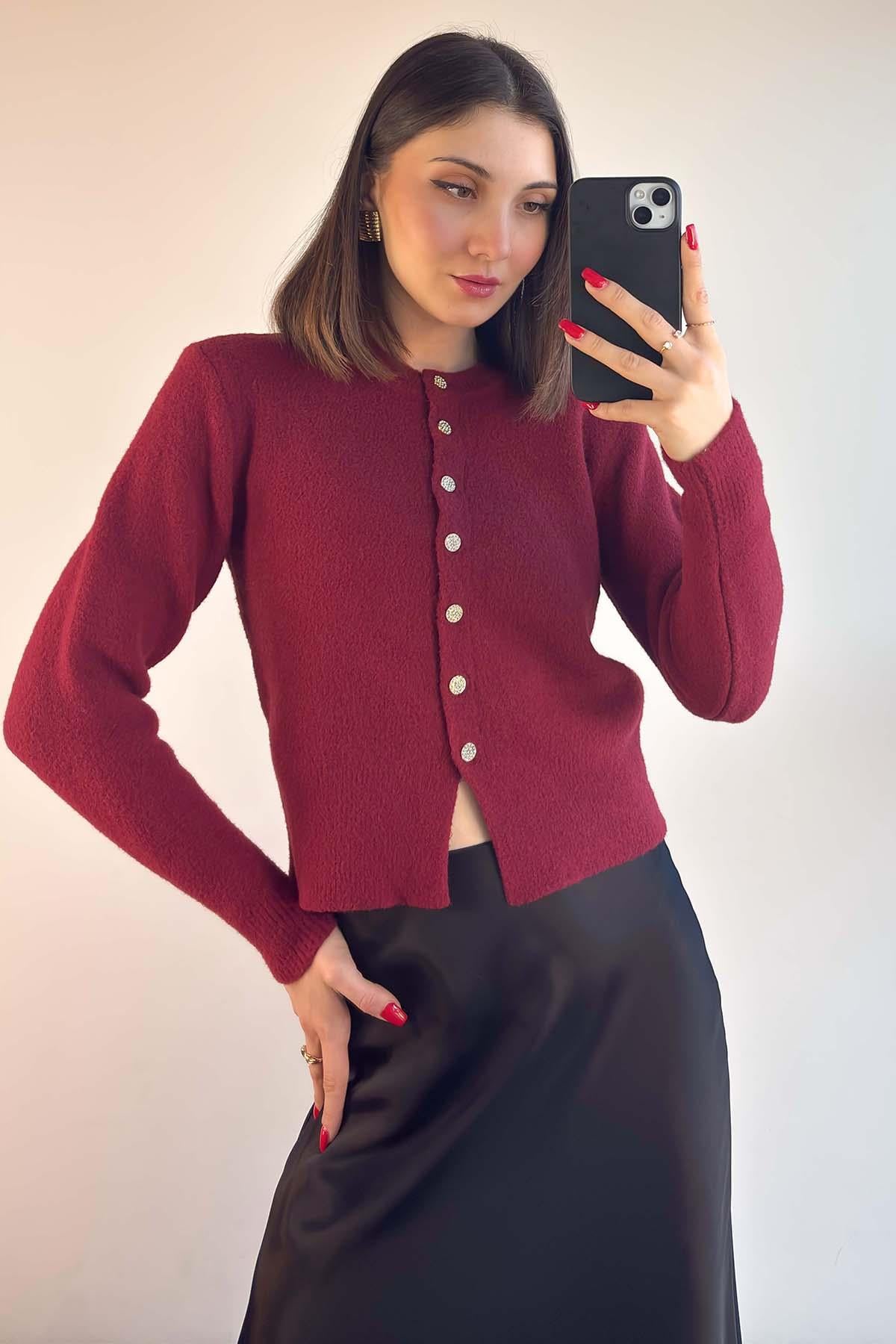 Bordo Taş Düğmeli Soft Hırka