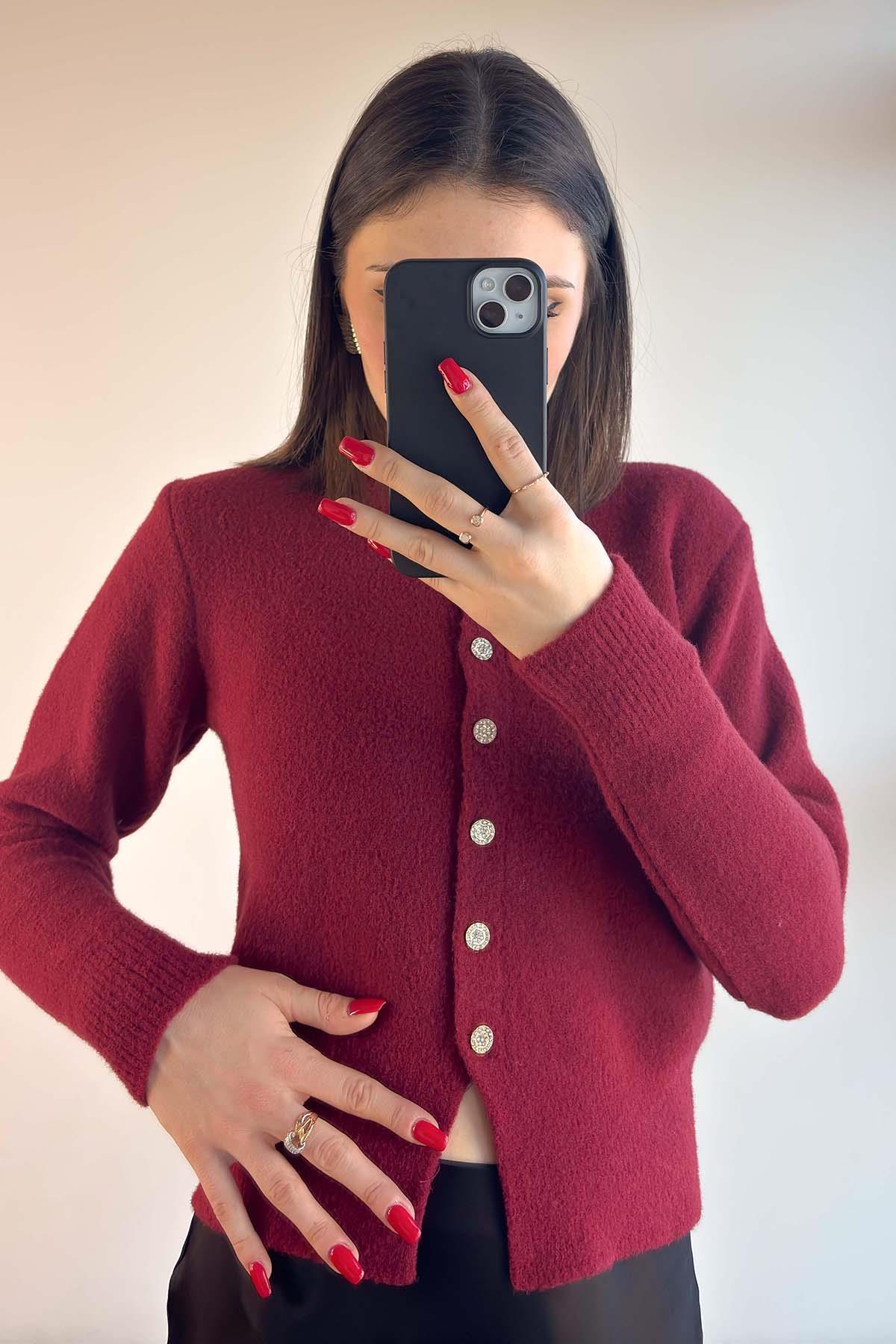 Bordo Taş Düğmeli Soft Hırka
