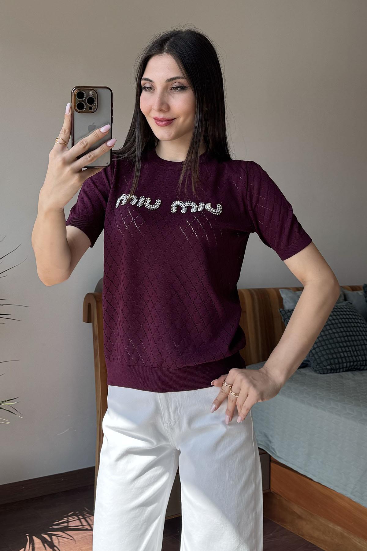 Bordo Taşlı Ajurlu Triko Bluz