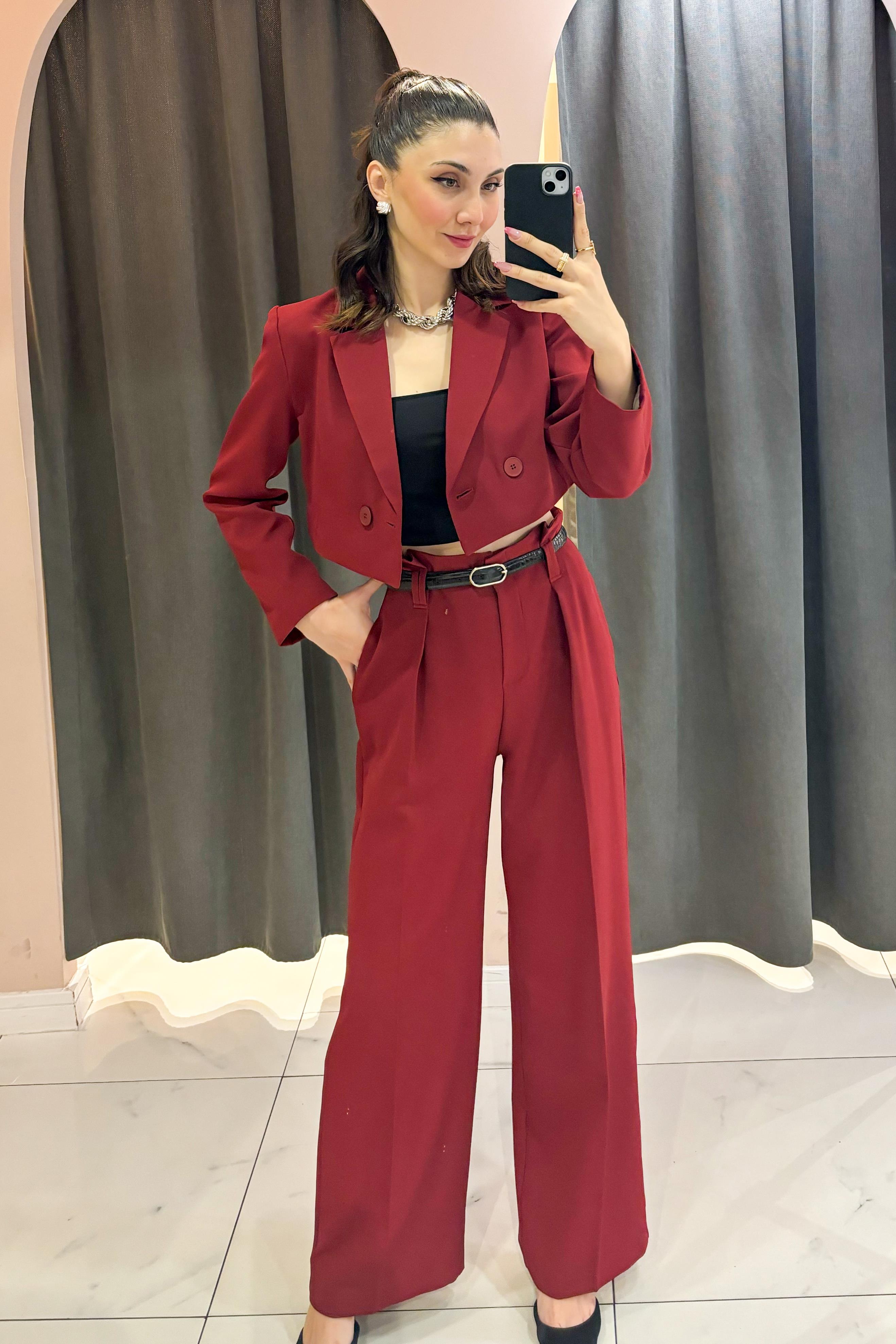 Bordo Tek Düğmeli Crop Ceket