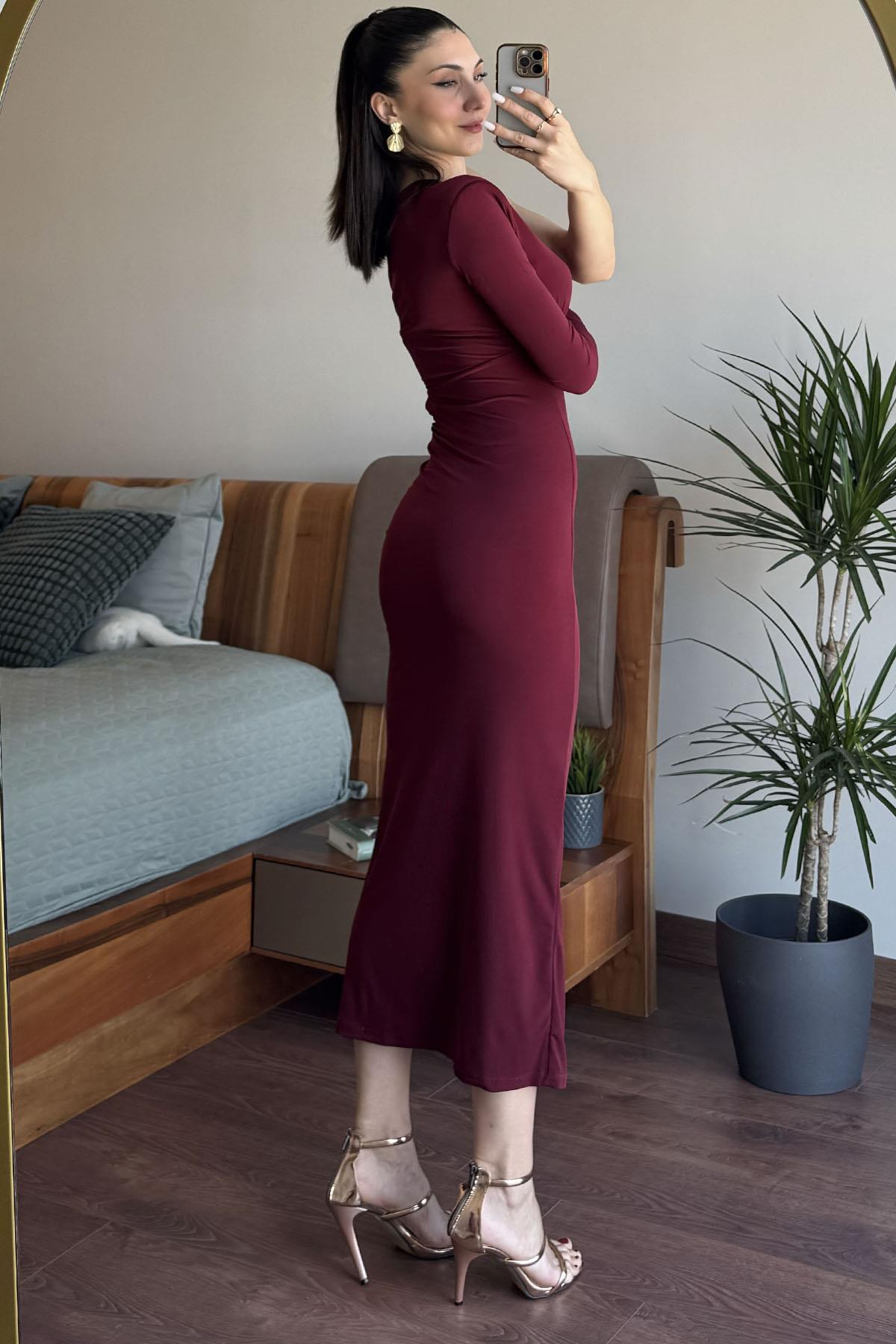 Bordo Tek Kol Tokalı Bel Dekolte Detaylı Elbise