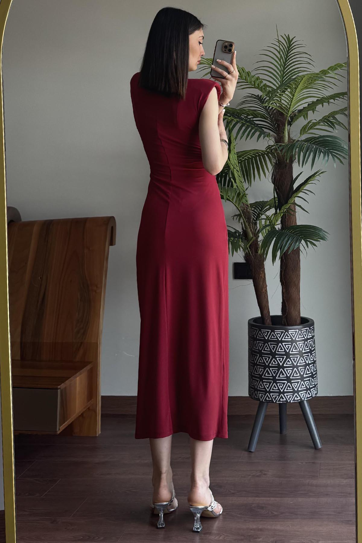 Bordo V Yaka Toka Detaylı Elbise