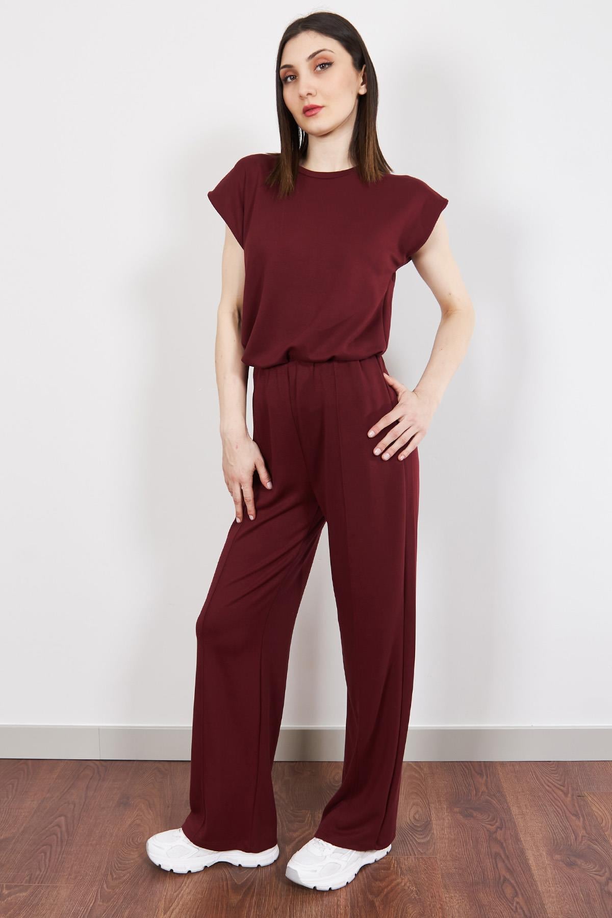 Bordo Vatka Görünümlü Pantolonlu Takım