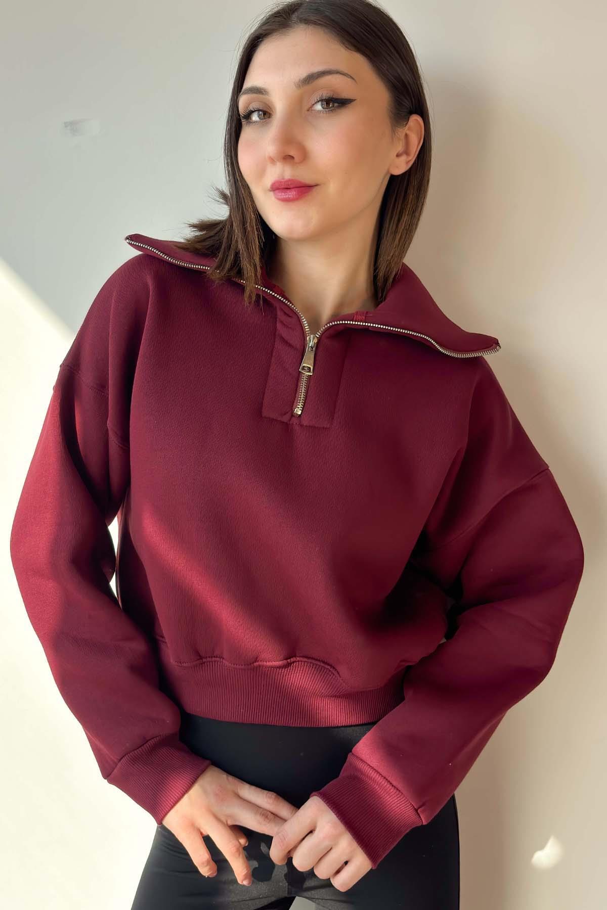 Bordo Yaka Detaylı Crop Sweatshirt