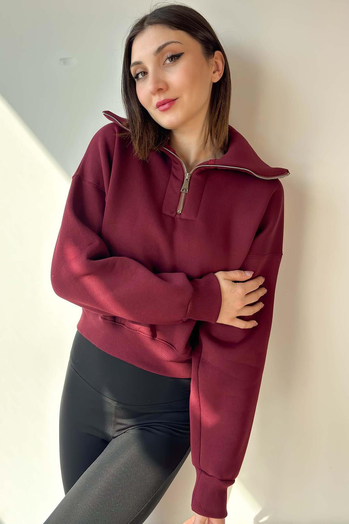 Bordo Yaka Detaylı Crop Sweatshirt