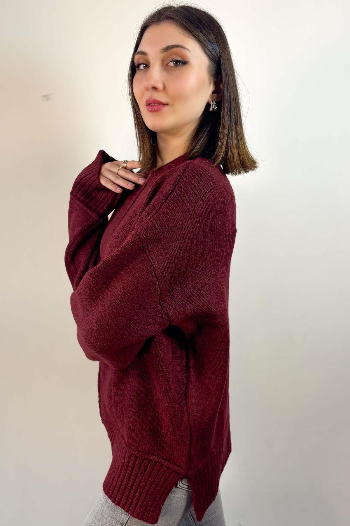 Bordo Yarım Balıkçı Oversize Kazak