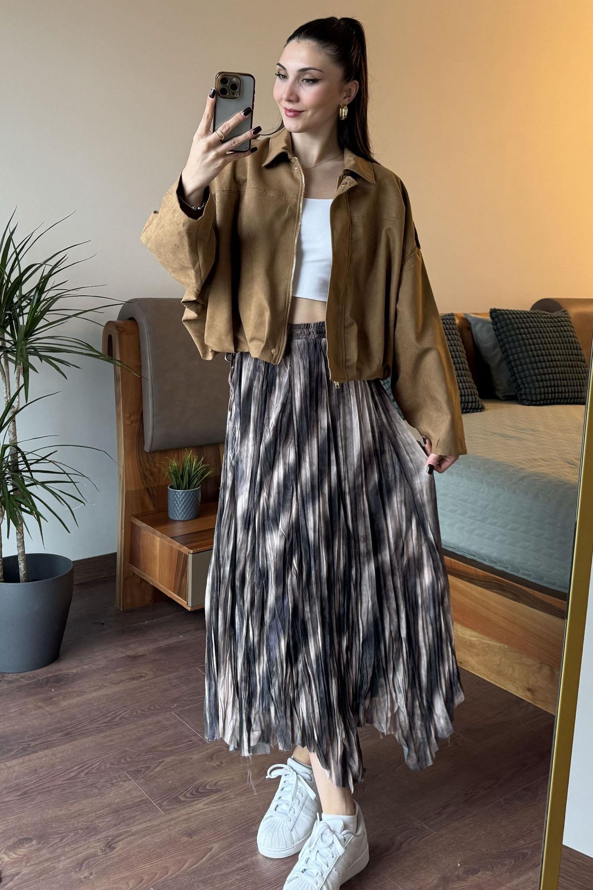 Camel Fermuarlı Süet Ceket