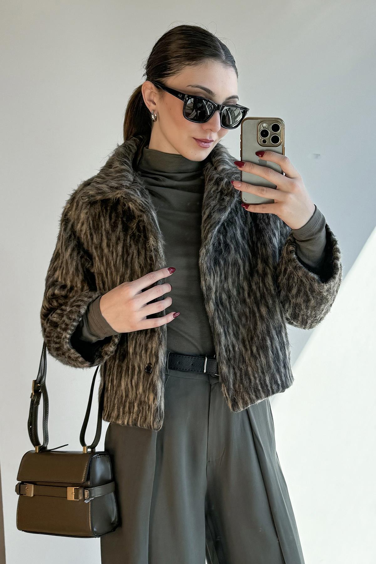Camel Leopar Desen Sakallı Ceket