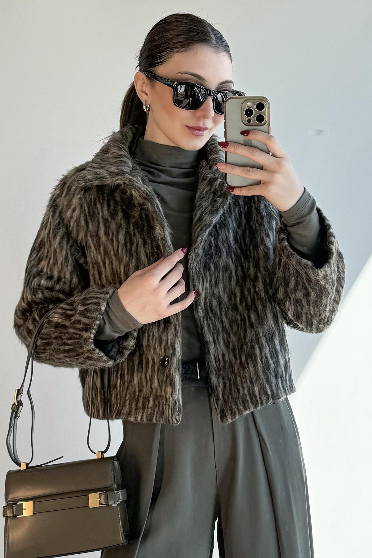 Camel Leopar Desen Sakallı Ceket