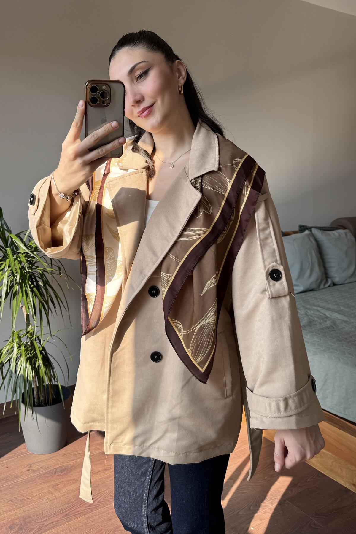 Camel Rüzgarlık Detaylı Oversize Süet Trençkot
