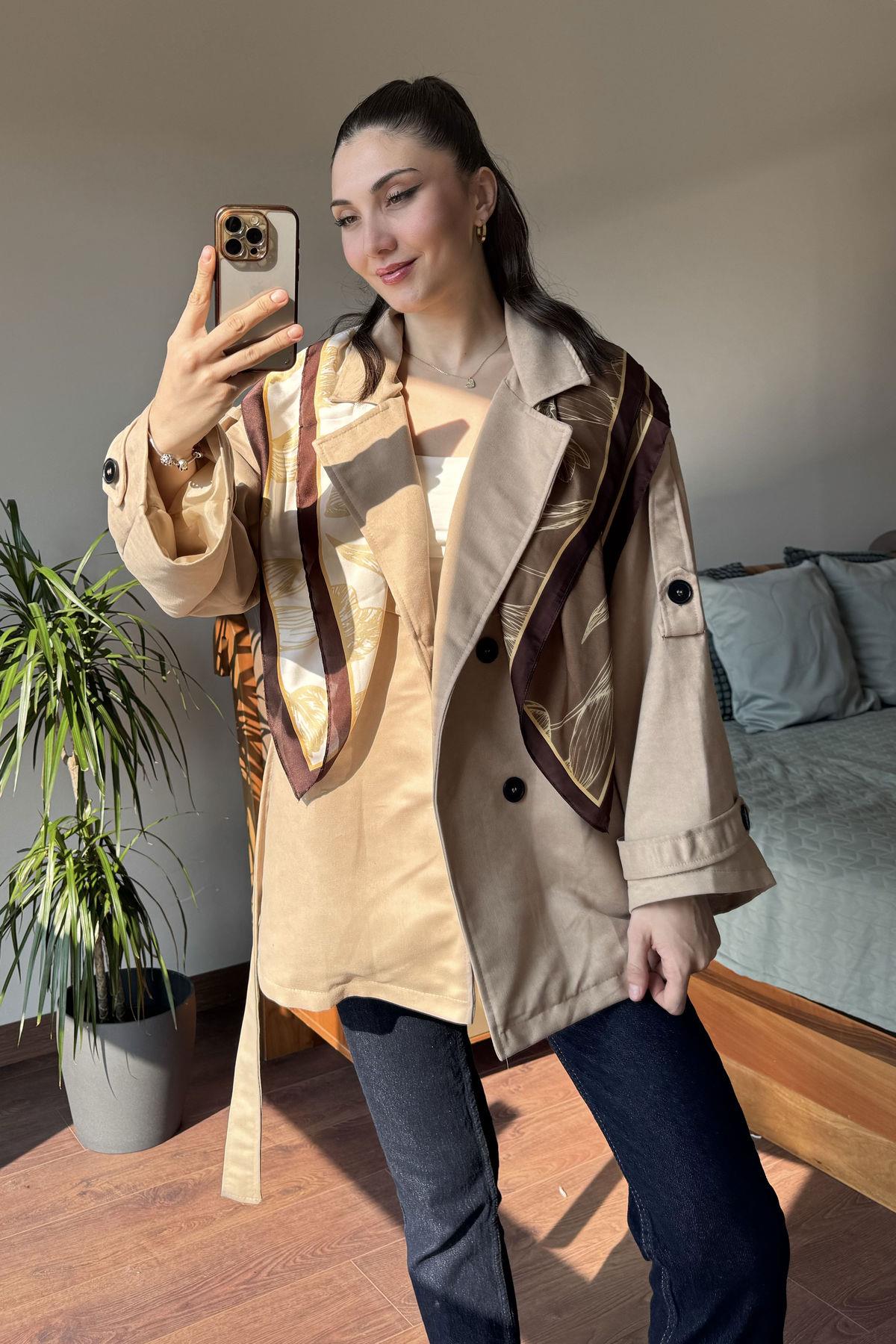 Camel Rüzgarlık Detaylı Oversize Süet Trençkot