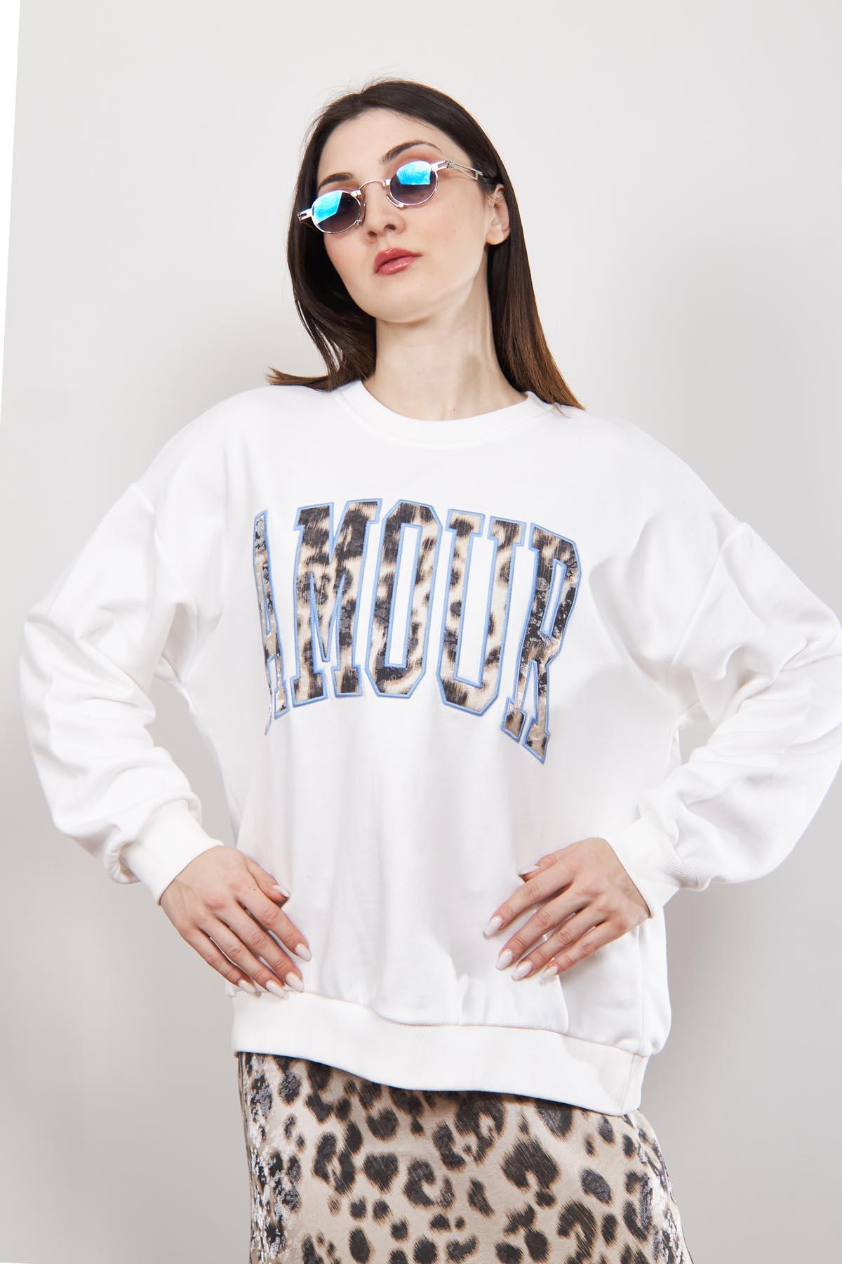 Ekru Amour Nakışlı Sweatshirt