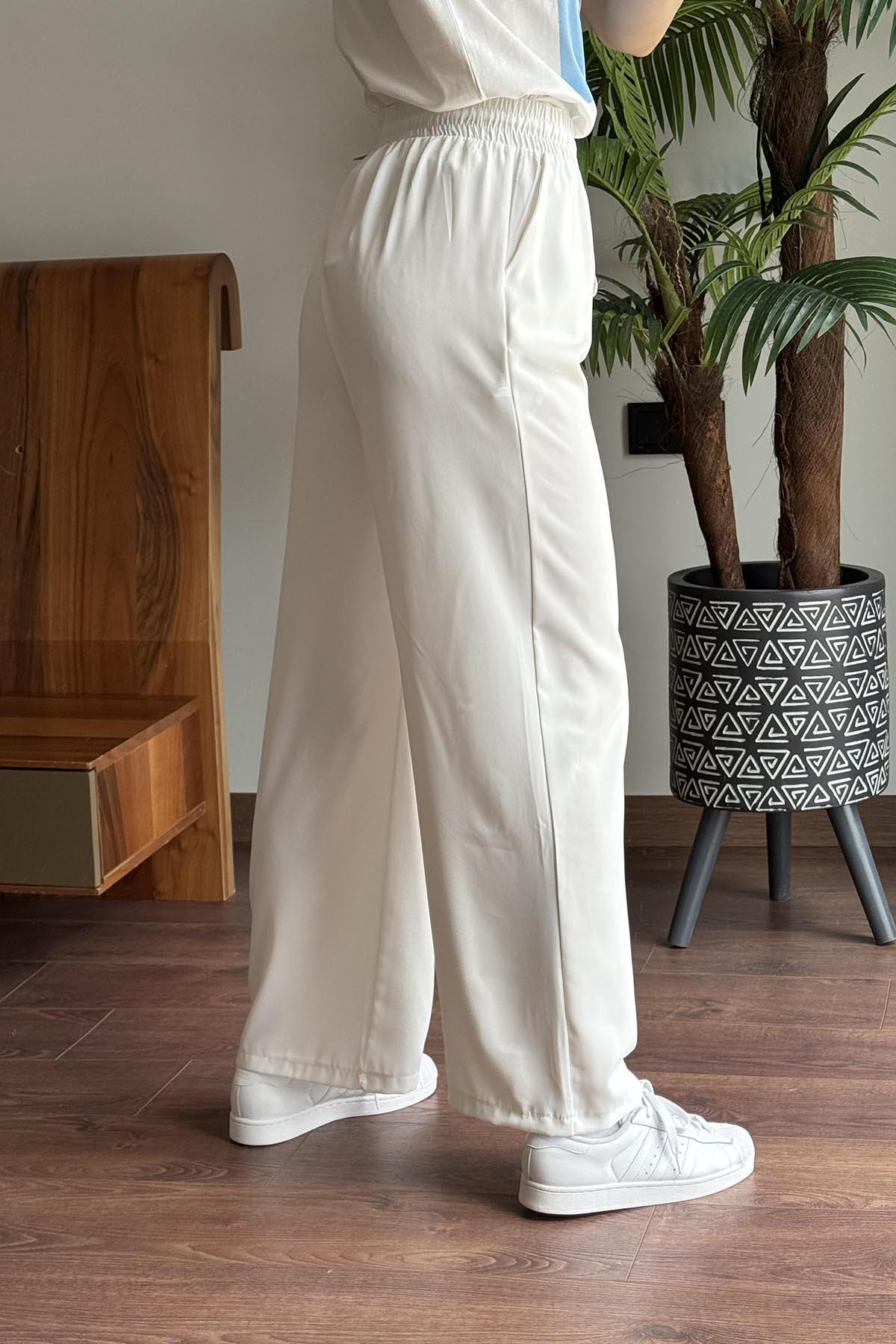 Ekru Beli Lastikli Bol Paça Pantolon