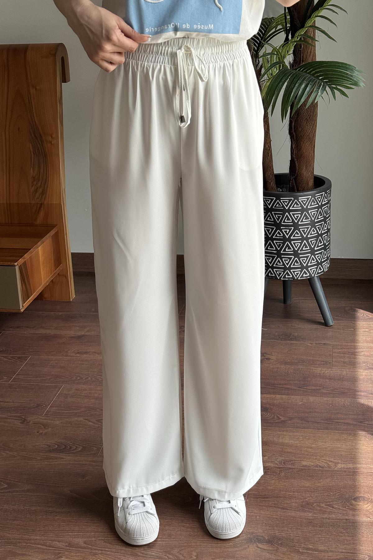Ekru Beli Lastikli Bol Paça Pantolon