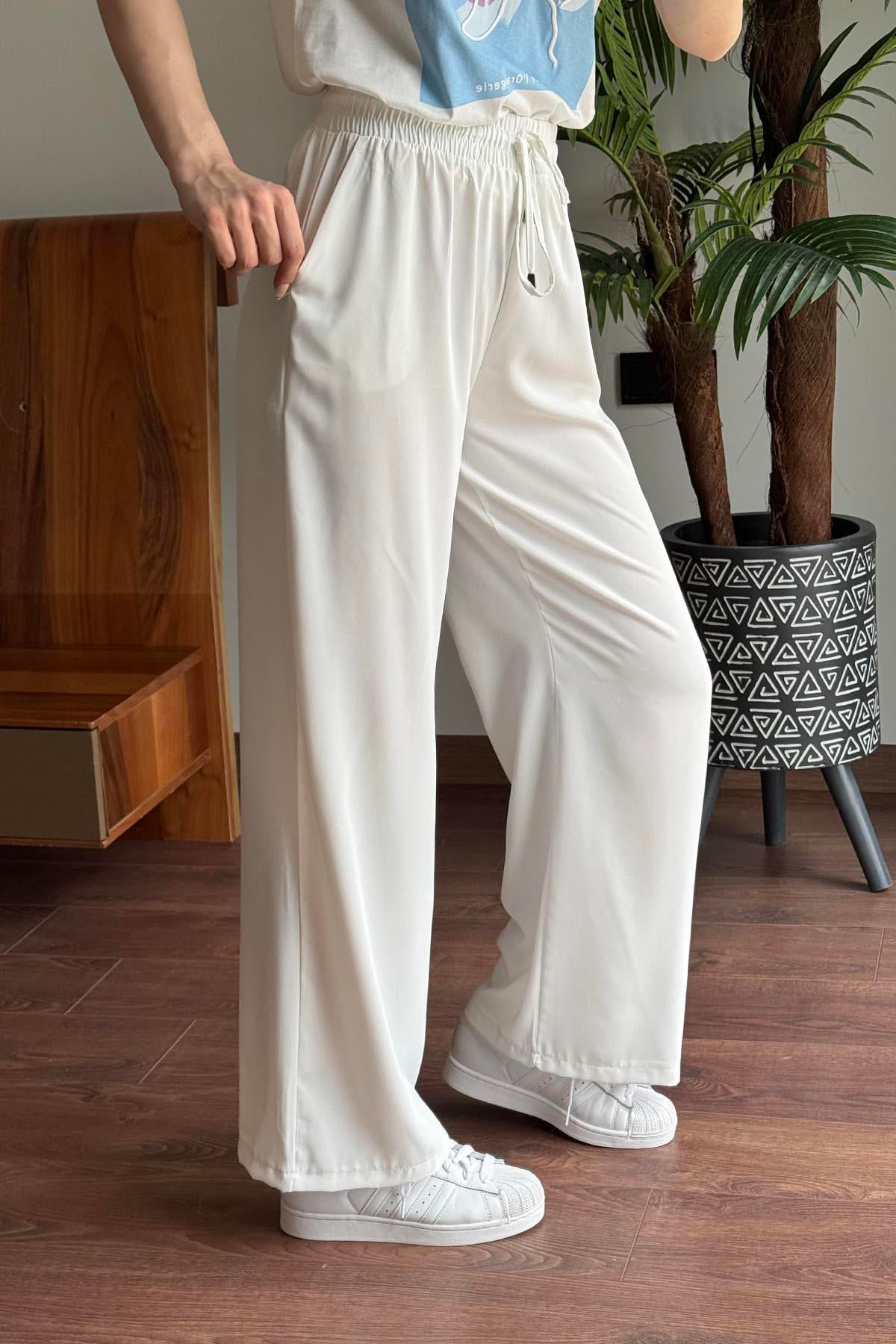 Ekru Beli Lastikli Bol Paça Pantolon