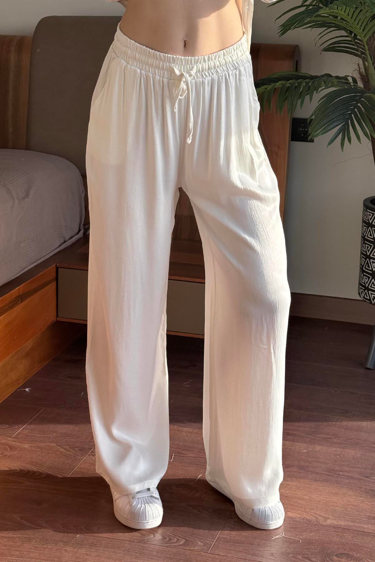 Ekru Beli Lastikli Saten Palazzo Pantolon
