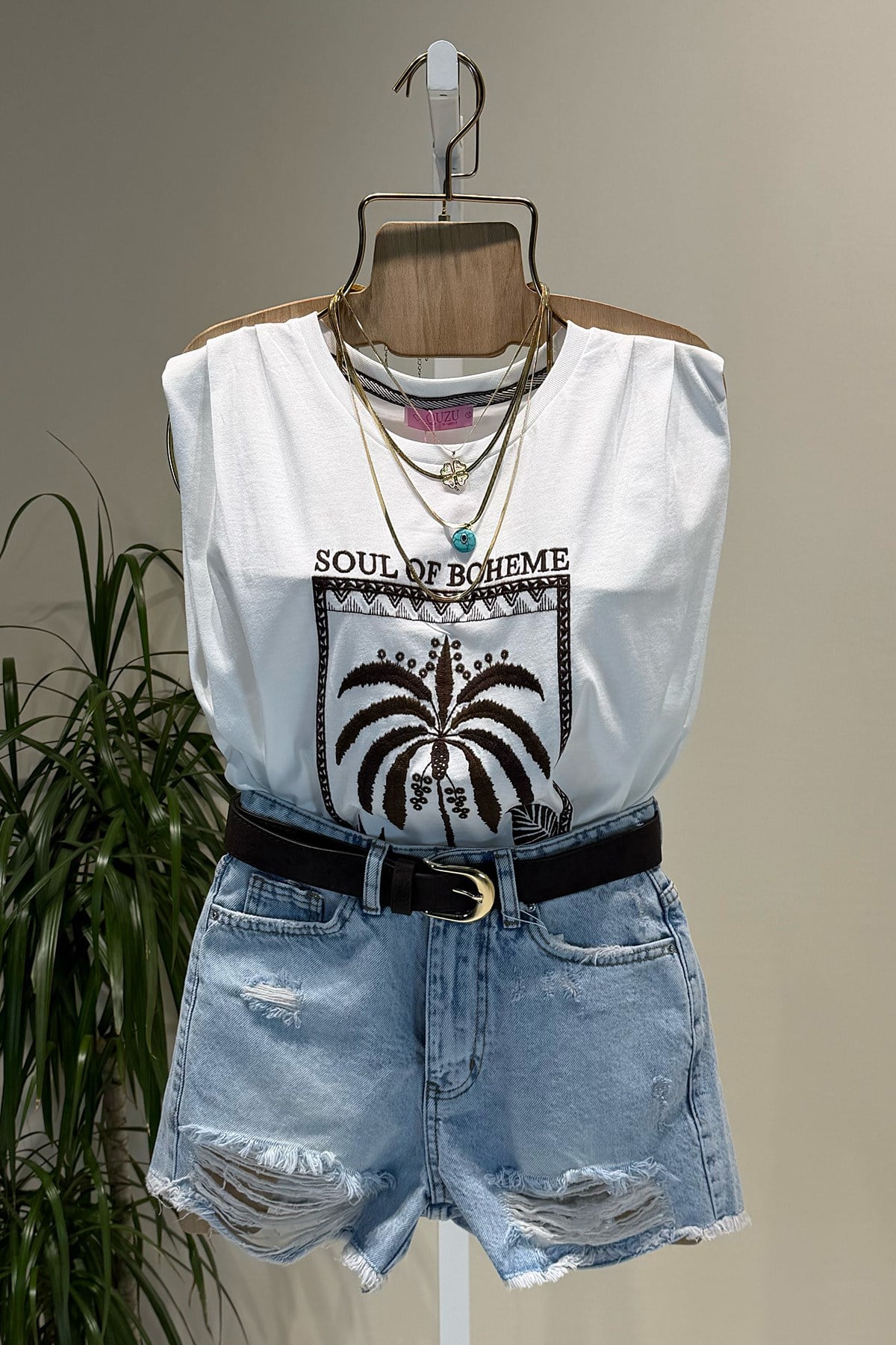Ekru Boheme Nakışlı T Shirt