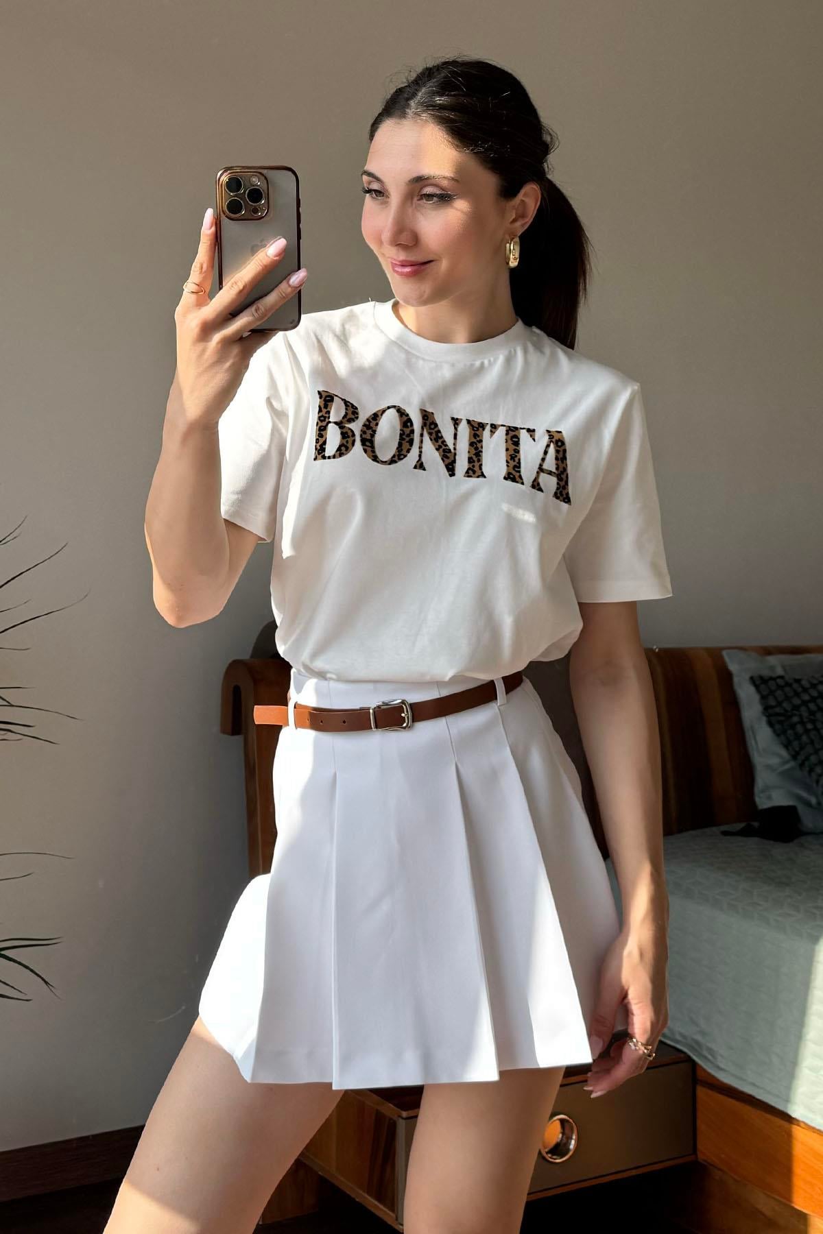 Ekru Bonita Baskılı T Shirt