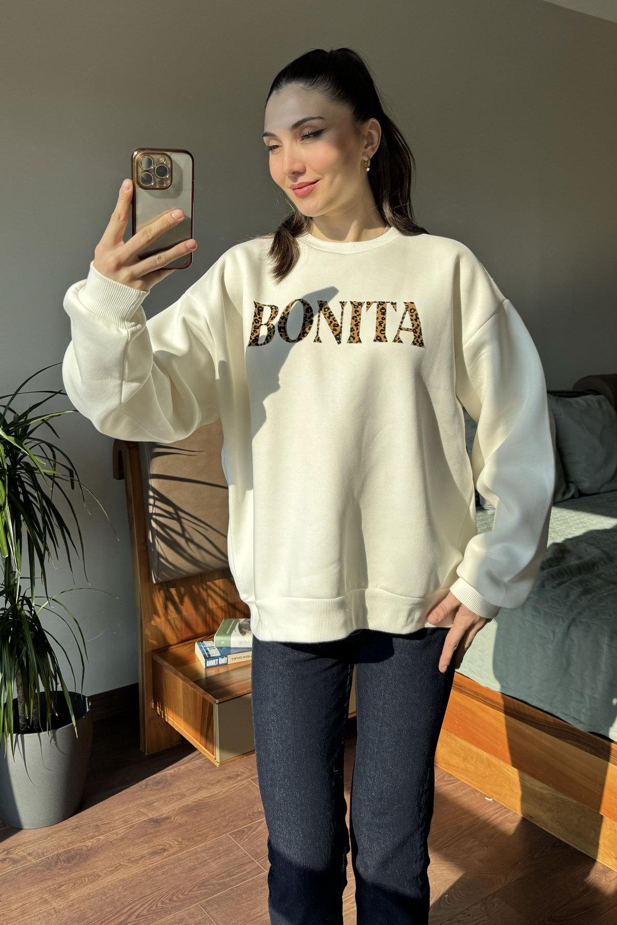 Ekru Bonita Leopar Baskılı Sweatshirt