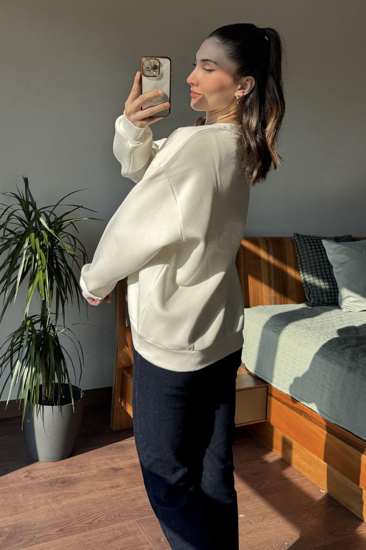Ekru Bonita Leopar Baskılı Sweatshirt