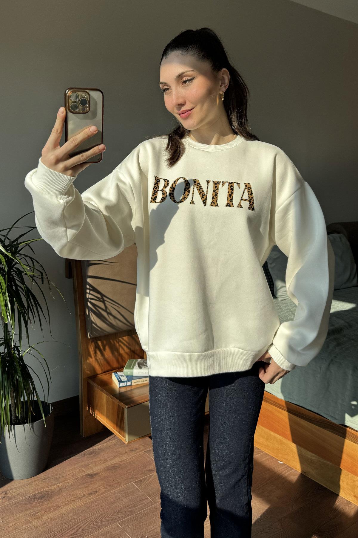 Ekru Bonita Leopar Baskılı Sweatshirt