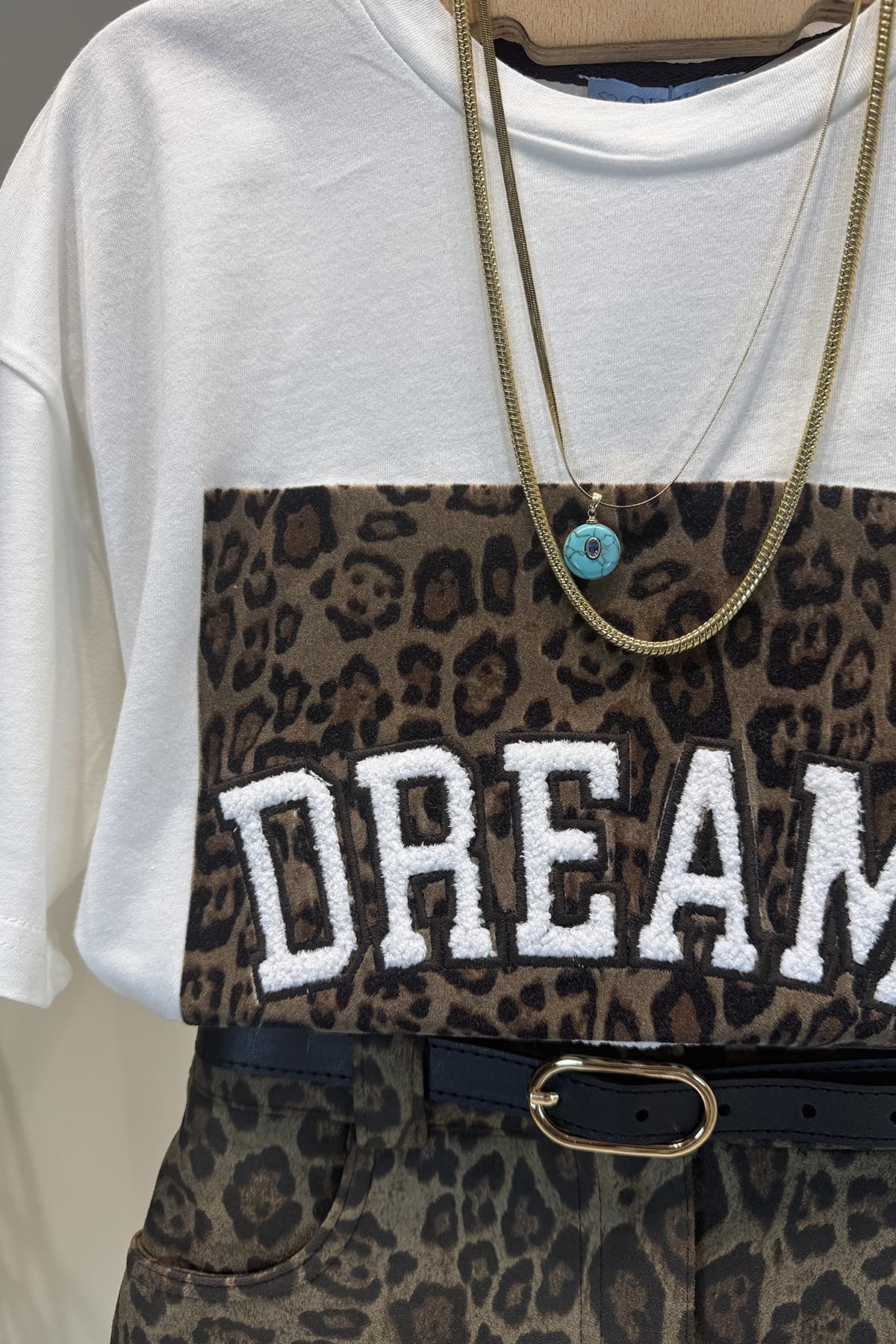Ekru Dream Leopar Baskılı T Shirt